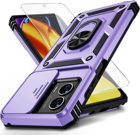 for Moto G 5G 2023 Case with Slide Lens Cover, HD Screen Protector, Military Grade Drop Protection, Magnetic Rotated Ring Holder Kickstand Phone C...