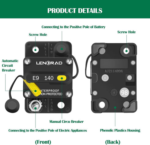 LENKRAD 140 Amp Marine Circuit Breaker Resettable 140A with Manual Reset Switch Button for Boat, Trolling, RV, Yacht, 12V - 48V DC, Waterproof, Su...