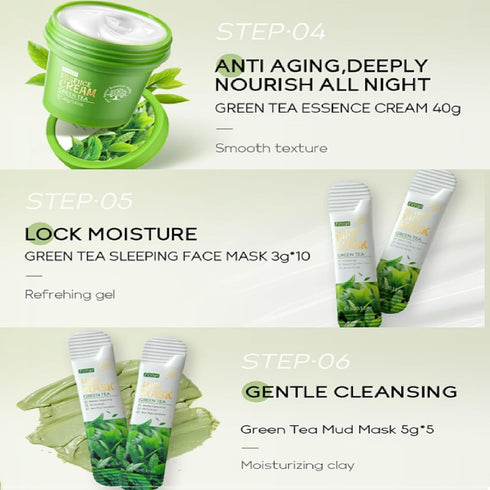 Green Tea Skincare Set, 19-In-1 Skincare Gift Set, With Natural Extracts,Cleanser,Face Serum, Face Cream, Eye Cream, Facial Mask And Mud Mask,Mois...