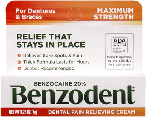 Benzodent Dental Pain Relieving Cream for Dentures and Braces, 0.25 oz tube (Pack of 3)...
