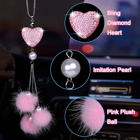 Wisdompro Bling Car Rear View Mirror Hanging Accessories for Women, Rhinestone Diamond Love Heart, Imitation Pearl and Pink Plush Ball Car Rearvie...