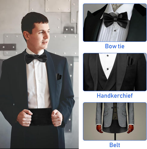 Men's Cummerbund Bow Tie Set Adjustable Solid Color Tuxedo Cummerbund and Bow Tie Pocket Squares,Black...