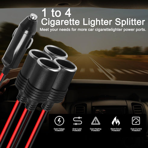 1 to 4 Car Cigarette Lighter 12v 24v Power Charger Adapter 4 Way Socket Car Cigarette Lighter Splitter Extension Cable 13AWG with 20A Fuse- 1FT/0....