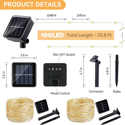 Solar String Lights Outdoor 2 Pack 33FT 100LED Copper Wire Fairy Light Waterproof Decoration for Wedding Party Terrace Yard Tree Garden Patio Chri...