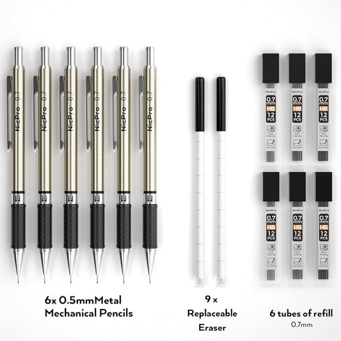 Nicpro 0.7 mm Art Mechanical Pencils Set, 6 PCS Metal Drafting Pencil 0.7mm Tube HB Lead Refills & 18 Cap Eraser for Adults, Children, Artist Writ...