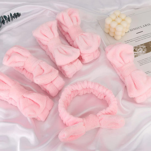 WHAVEL Hairband, 6 Count Pink Spa Headband for Washing Face, Soft Microfiber Bow Headbands, Facial Headband for Skincare, Makeup Headband for Wome...