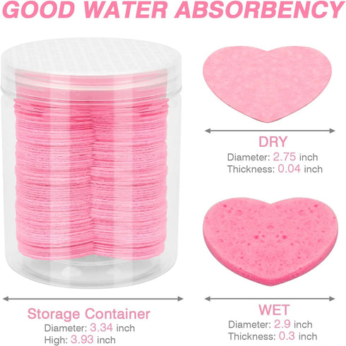 100 Pieces Compressed Facial Sponges for Estheticians, Pink Heart Face Sponges for Cleansing and Exfoliating Natural Reusable Sponges for Facials ...