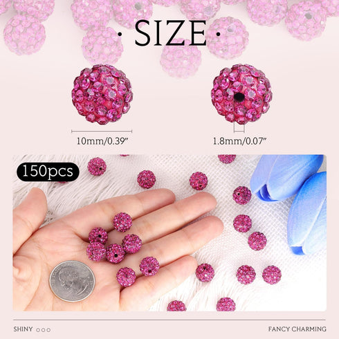 150 pcs 10mm Rhinestone Beads for Crafting, Fuchsia Shiny Round Shamballa Disco Beads Bulk, Fancy Sparkle Crystal Clay Bead for Necklace Bracelet ...