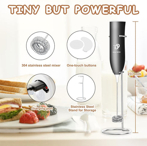 Handheld with Stainless Steel Stand USB-charging Foam Maker, DOUBLE WHISK Mini Blender and Electric Mixer Coffee Frother (Black)...