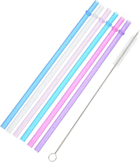 Hestya 25 Pcs Glitter Reusable Plastic Straws 9 Inches Long Hard Plastic Straws with Brush 6 Colors Translucent Replacement Drinking for 16oz-30 o...