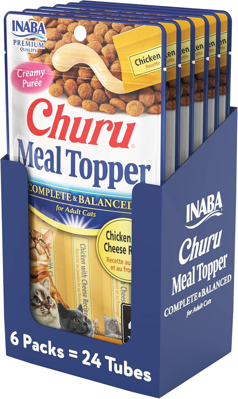 INABA Churu Meal Topper for Cats, Complete & Balanced, Creamy, Lickable Purée Cat Food Topper, 0.5 Ounce Tube, 24 Tubes (4 per Pack), Chicken with...