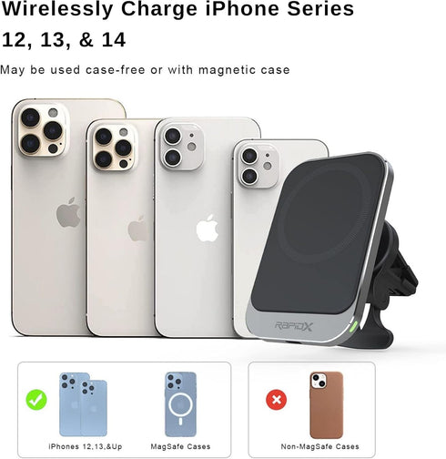 RapidX Dashio MW1 Car Vent Mount & Magnetic Wireless Charger Pad, up to 15W, for iPhone 15/14/13/12 & Newer, or Other iPhone/Android with Magnetic...