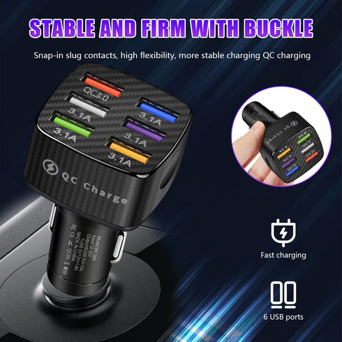 Car Charger Adapter, 6 USB Multi Port Fast Charger, Include QC 3.0 and 5 Other Ports, Auto Quick Charging Adapter for Most Cell Phones, Interior C...