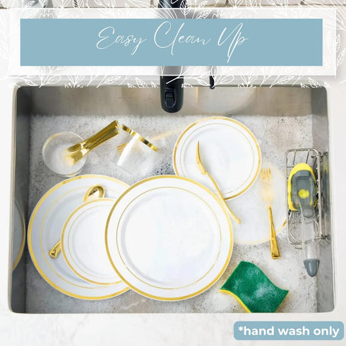 premium hard plastic round white plates 7in white with gold rim Heavyweight Dinnerware Set Dessert Salad Plates Appetizer utensils for Wedding and...