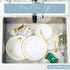 premium hard plastic round white plates 7in white with gold rim Heavyweight Dinnerware Set Dessert Salad Plates Appetizer utensils for Wedding and...