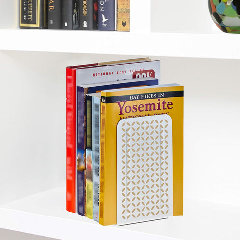 Acrimet Metal Bookends, Non-Skid Book Stand for Shelves, Heavy Duty Book Stopper, 6-7/8" H x 4" W x 4-1/2“ D, (White Bookend with Gold Design), 1 ...