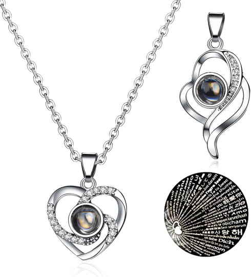 NW 2 pcs Pendants i love you necklace in 100 languages Projection Heart Pendant necklace for women mother with led light heart gift box SLIVER...