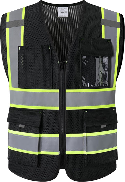 High Visibility Safety Vest for Men Women with 9 Pockets and Zipper Front Reflective Mesh Safety Work Vest Hi Vis Construction Vest Meets ANSI/ISE...