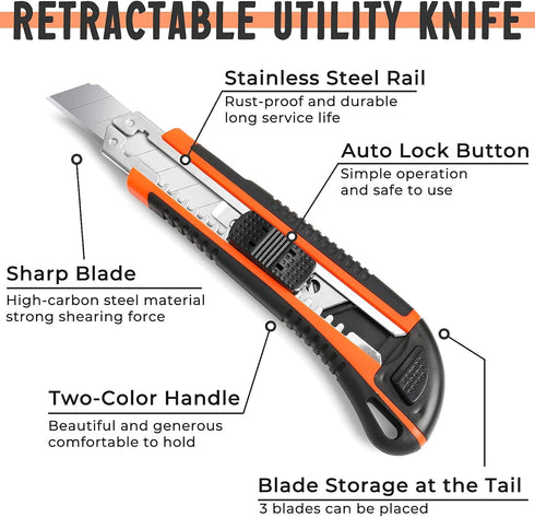 3-Pack Box Cutter Utility Knife, Box Cutter Retractable Ultra Sharp Blade and Anti-Slip Rubber Handle, Box Cutter Knife Exacto Knife for Cutting L...