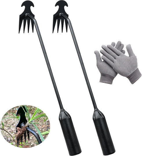 Weed Puller Tool, 2 Pcs 4 Teeth Durable Garden Weed Pulling Tool, Portable Garden Weeder Tool with Gloves for Vegetable Gardening, Backyard Farm W...