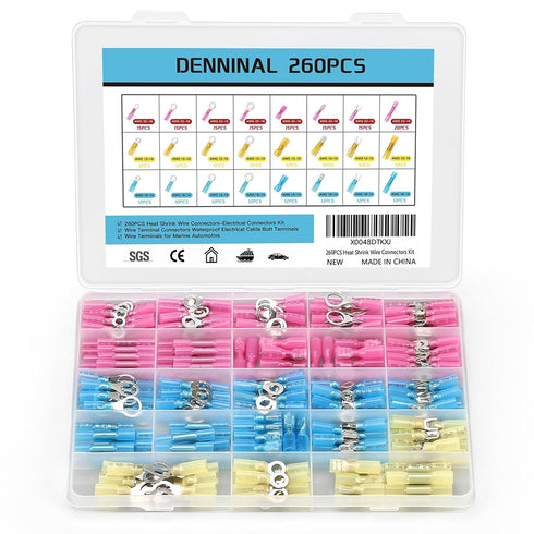 260PCS Heat Shrink Wire Connectors-Electrical Connectors Kit, Wire Terminal Connectors Waterproof Electrical Cable Butt Terminals, Crimp Insulated...