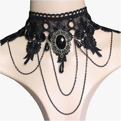 Boho Lace Choker Necklace Black Lace Tassel Necklace Choker Gothic Drape Crystal Lace Collar Necklace Vintage Black Cz Waterdrop Necklace Chain Je...