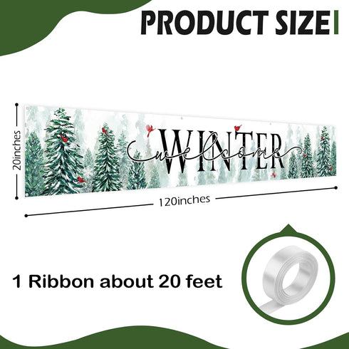 Winter Welcome Snowy Forest Large Outdoor Banner 120x20 Inch, Pine Tree Cardinal Red Bird Decorative Fence Yard Garden Sign Backdrop Home Decor, C...