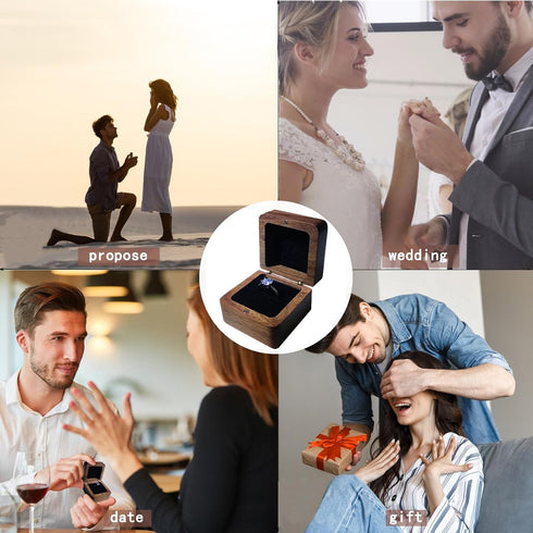 Wooden Ring Box, Personalized Engagement Ring Box Wedding Day Square Ring Box Holder Single Slot Rustic Ring Storage Box (Black)...