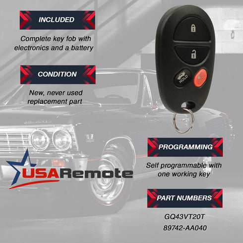 Key Fob Keyless Entry Remote fits Toyota Avalon, Solara 2005 2006 2007 2008 (GQ43VT20T 4-Btn)...
