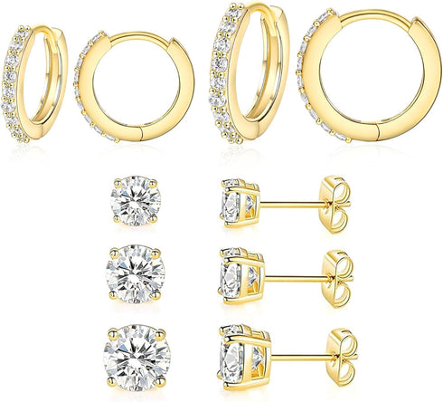 MDFUN 18K Yellow Gold Plated Hoops Huggie Stud Earrings Set Cubic Zirconia Earrings for Women Pack of 5 Pairs...