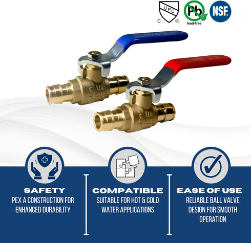 1/2" Pex A Expansion Ball Valve, Red/Hot and Blue/Cold 29-5-1&2 (2)...
