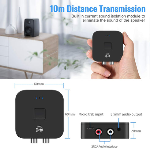 BEZO 5.0 Bluetooth Audio Receiver Adapter,NFC Wireless Bluetooth Extender,3.5mm AUX or RCA Input Speaker,Amplifier,Car Audio,Headphone,Home Stereo...