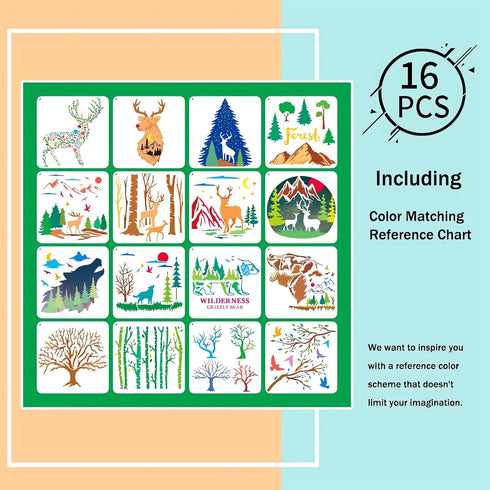 Forest Wildlife Animal Stencils for Painting, 16 Pcs Plastic Reusable Stencils for Kids of Deer Bear Tree Patterns for Painting on Wood Wall Fabri...