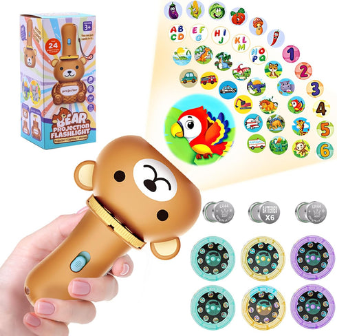 Kids Flashlight Color Bear Projector with 48 Patterns , Include Dinosaurs, Vehicles, Animals, 26 Letter Educational Learning Projector Toys for Gi...
