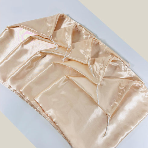 Soft Large Satin Dust Covers Drawstring Bag 5 Pack Silky Fabric For Wigs Purses Handbags Protection Bras Cloth Oganizer (champagne, 13.8x15.8''/35...