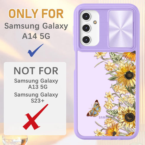 for Samsung Galaxy A14 5G Case, Cute Stylish Designer Galaxy A14 5G Phone Cases with Slide Camera Cover + Ring Holder,Sunflower Slim Protective Sh...