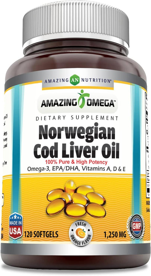 Amazing Omega Norwegian Cod Liver Oil 1250 mg 120 Softgels Supplement (Fresh Orange Flavor)...
