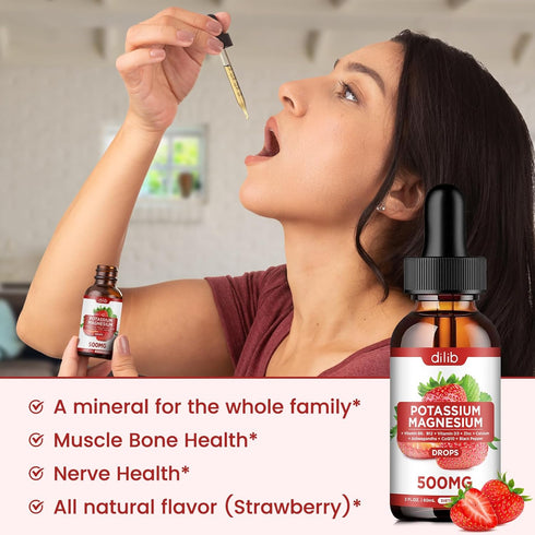 Potassium Magnesium Citrate Supplement, Liquid Magnesium Citrate Drops 500mg with Ashwagandha, Calcium, Zinc, Vitamin D3, B6, B12, CoQ10 - Support...