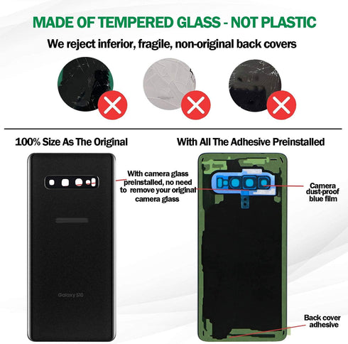Galaxy S10 Back Cover Glass Replacement with Pre-Installed Camera Lens + All The Adhesive + Installation Manual + Repair Tool Kit for Samsung Gala...