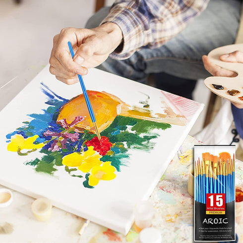 AROIC Acrylic Paint Brush Set, 15 pcs Nylon Hair Paint Brushes for All Purpose Oil Watercolor Face Body Rock Painting Artist, Small Paint Brush Ki...