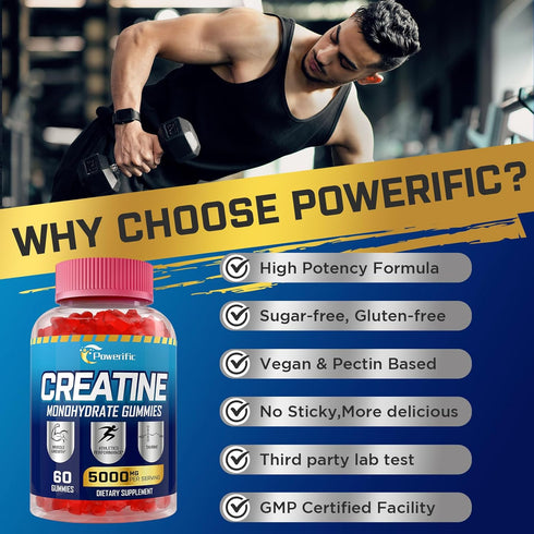 Creatine Monohydrate Gummies for Men & Women, Creatine Pre-Workout Gummies, Taurine&B6, Increase Strength, Energy & Endurance Chewable Creatine Gu...