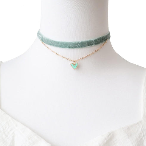 2Pcs Bling Bling Velvet Choker Necklace Set with Heart Pendant - Romantic Pastel Pink and Mint Green - Adjustable Collars for Women...