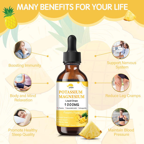 Potassium Magnesium Citrate Supplement,Magnesium Liquid Drops 1000mg with Magnesium Glycinate, Support Calm & Bone & Muscle & Immune Health (Pinea...