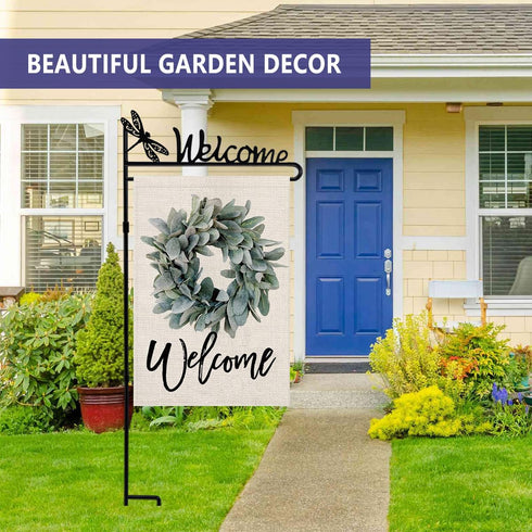 YEAHOME Garden Flag Stand Holder, Premium Yard Flag Holder with Dragonfly, Weather-Proof Metal Powder-Coated Flagpole for Fall Garden Flag, Hallow...