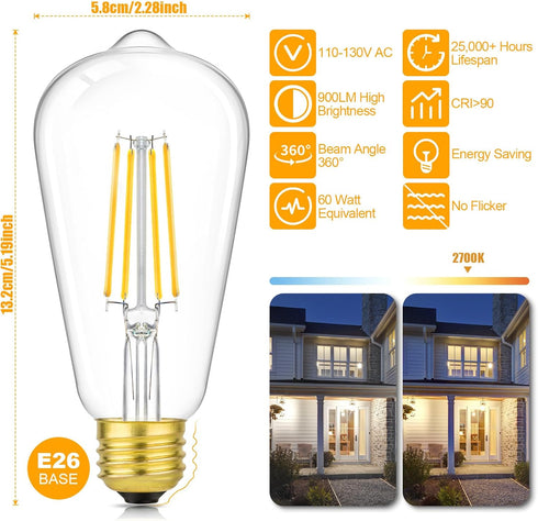 Brightever Vintage LED Edison Bulbs Dimmable 60W Equivalent, 7W 900Lm 2700K Warm White, ST58 Antique Filament Edison Bulbs, E26 Medium Socket, CRI...