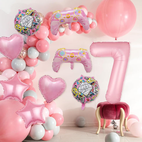 Pink Video Game Balloons, Video Game Controller Birthday Number Mylar Foil Balloon, Level Up Balloons for Girls Game On Birthday Decorations Video...