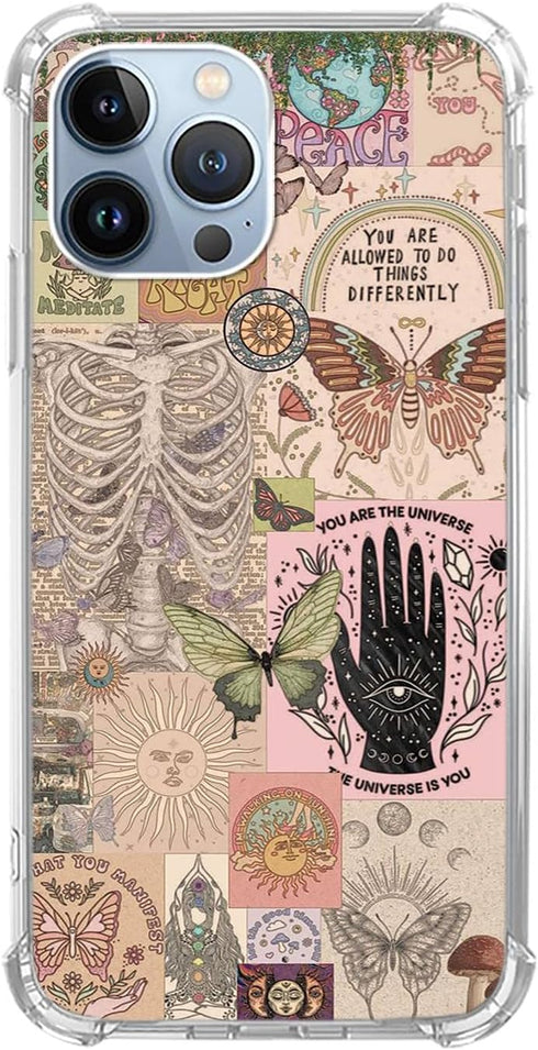 Hippie Vintage Aesthetic Collage Phone Case Compatible with iPhone 13 Pro Max?Hippie Sun Butterfly Flower Pattern Slim Shockproof TPU Bumper Prote...