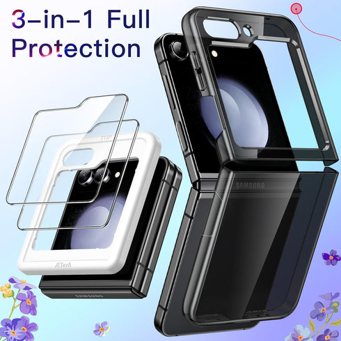JETech 3 in 1 Case for Samsung Galaxy Z Flip 5 with 2-Pack Tempered Glass Front Screen Protector, Crystal Transparent Hard PC Shell Protective Pho...