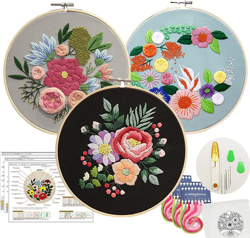 OXYPLAY 3 PCS Hand Embroidery Material Kit for Beginners, DIY Material Kit, Embroidery Starter Kit, Embroidery Cloth, Needle, Hoop, Thorn Flower H...