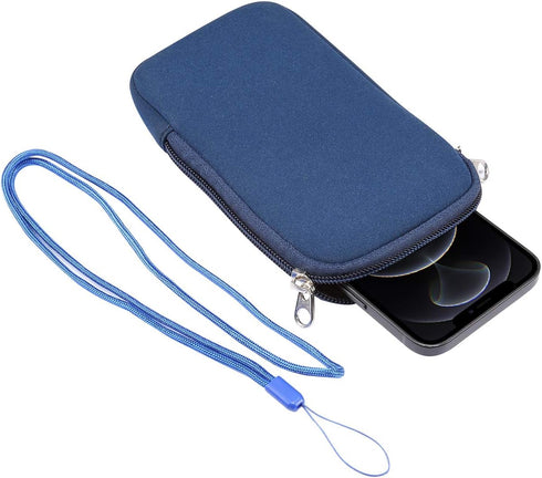 Neoprene Shock Absorbing Proof Pouch Large Cell Phone Sleeve Case Cover w Zipper/Neck Strap for iPhone 16 Pro Max Samsung Galaxy S25 Ultra S24 Ult...